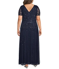 Pisarro Nights Plus Size V-Neck Short Sleeve Beaded Sheath Gown