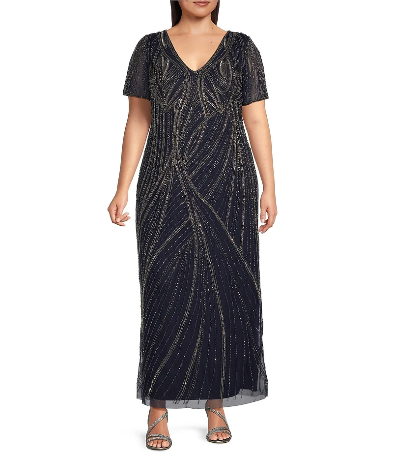 Pisarro Nights Plus Size V Neck Short Sleeve Beaded Gown