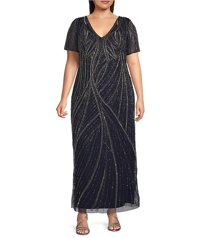 Pisarro Nights Plus Size V Neck Short Sleeve Beaded Gown