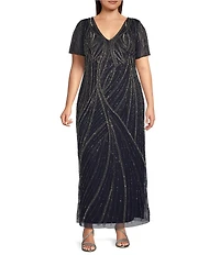 Pisarro Nights Plus Size V Neck Short Sleeve Beaded Gown