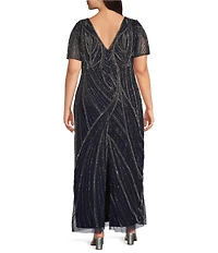Pisarro Nights Plus Size V Neck Short Sleeve Beaded Gown