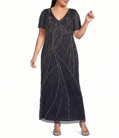Pisarro Nights Plus Size V Neck Short Sleeve Beaded Gown