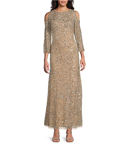 Pisarro Nights Sequin Mesh Crew Neck 3/4 Sleeves Cold Shoulder A-Line Dress