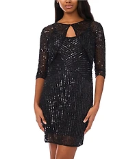 Pisarro Nights Beaded Mesh Crew Neck 3/4 Sleeve Jacket Dress