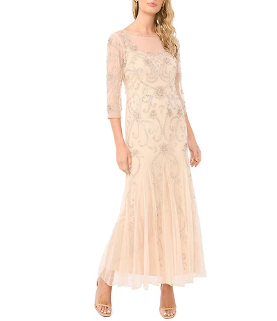 Pisarro Nights Short 3/4 Sleeve Beaded Mesh Gown