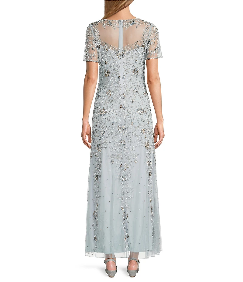 Pisarro Nights V-Neck Beaded Mesh Short Sleeve Column Gown