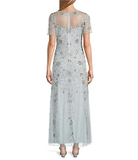 Pisarro Nights V-Neck Beaded Mesh Short Sleeve Column Gown
