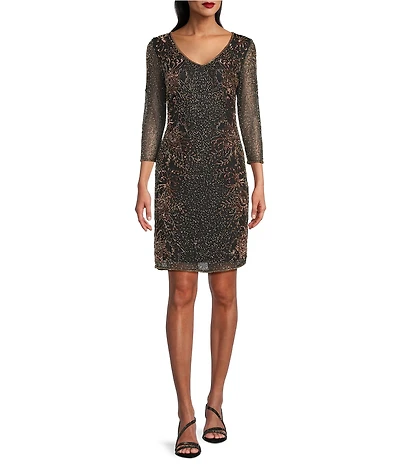 Pisarro Nights V-Neck Floral Beaded 3/4 Sleeve Dress