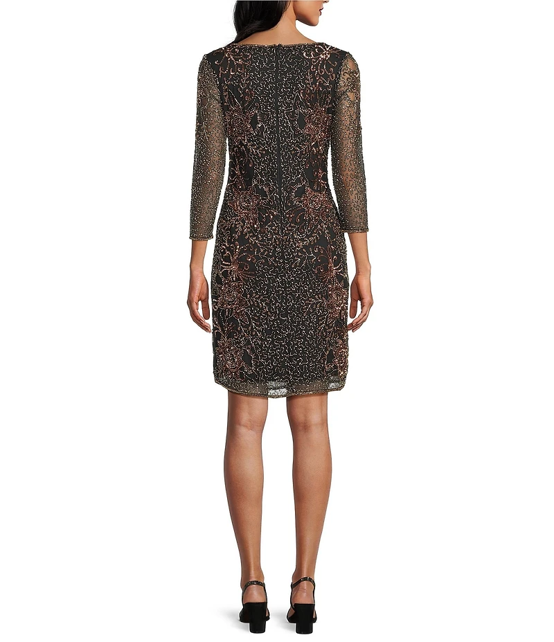 Pisarro Nights V-Neck Floral Beaded 3/4 Sleeve Dress