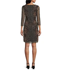Pisarro Nights V-Neck Floral Beaded 3/4 Sleeve Dress