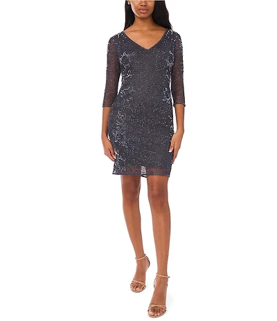 Pisarro Nights V-Neck Floral Beaded 3/4 Sleeve Dress