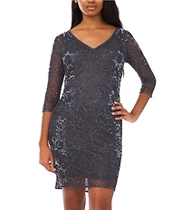 Pisarro Nights V-Neck Floral Beaded 3/4 Sleeve Dress