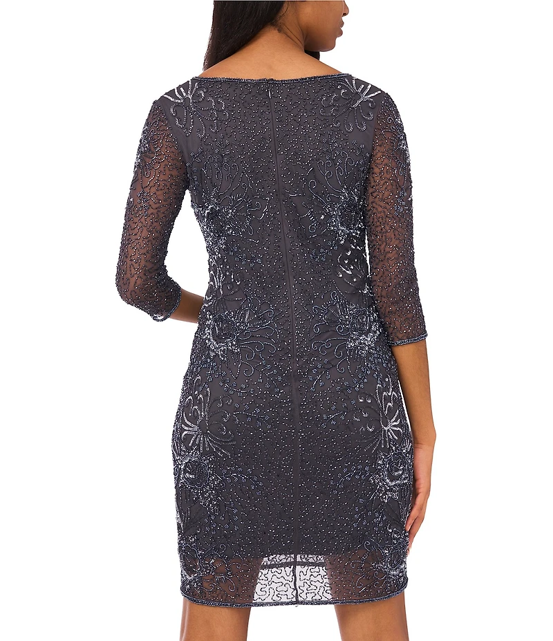 Pisarro Nights V-Neck Floral Beaded 3/4 Sleeve Dress