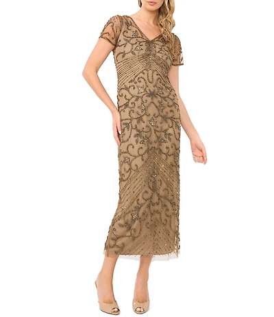 Pisarro Nights V-Neck Short Sheer Sleeve Back Slit Beaded Sheath Dress