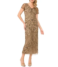 Pisarro Nights V-Neck Short Sheer Sleeve Back Slit Beaded Sheath Dress