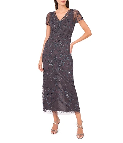 Pisarro Nights V-Neck Short Sheer Sleeve Back Slit Beaded Sheath Dress
