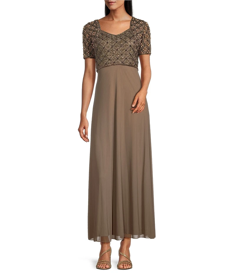 Pisarro Nights V-neck Short Sleeve Beaded Bodice Chiffon Aline Gown