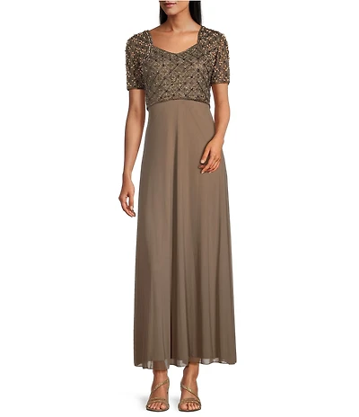 Pisarro Nights V-neck Short Sleeve Beaded Bodice Chiffon Aline Gown