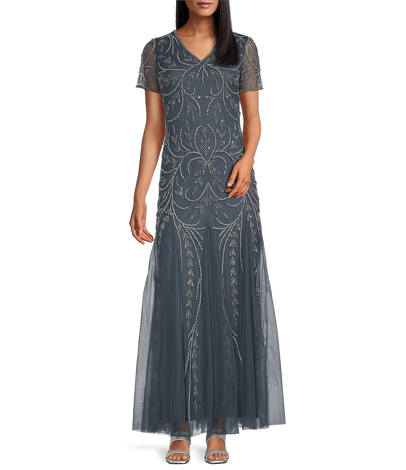 Pisarro Nights V-Neck Short Sleeve Godet Skirt Beaded Column Gown