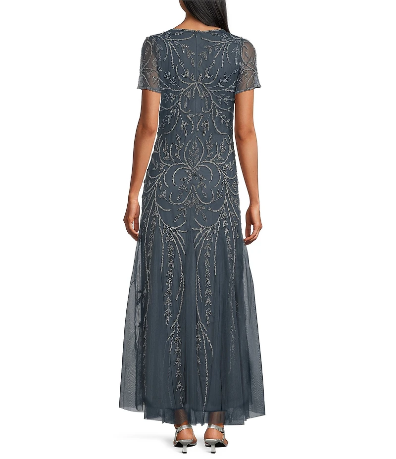 Pisarro Nights V-Neck Short Sleeve Godet Skirt Beaded Column Gown