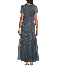Pisarro Nights V-Neck Short Sleeve Godet Skirt Beaded Column Gown