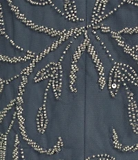 Pisarro Nights V-Neck Short Sleeve Godet Skirt Beaded Column Gown