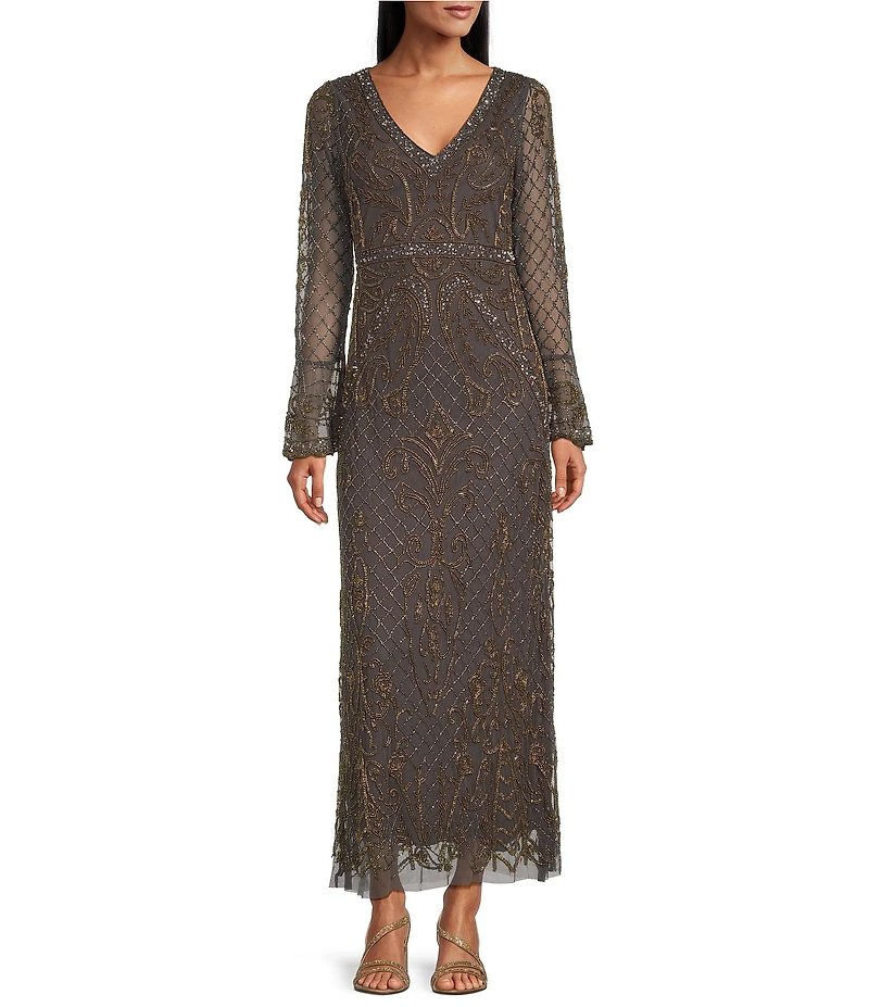 Pisarro Nights V-Neck Contrast Beaded Long Sleeve Column Gown
