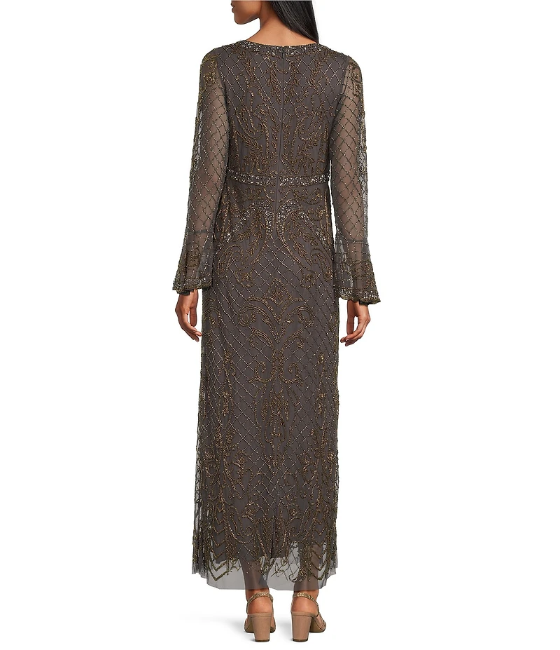 Pisarro Nights V-Neck Contrast Beaded Long Sleeve Column Gown