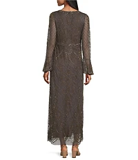 Pisarro Nights V-Neck Contrast Beaded Long Sleeve Column Gown