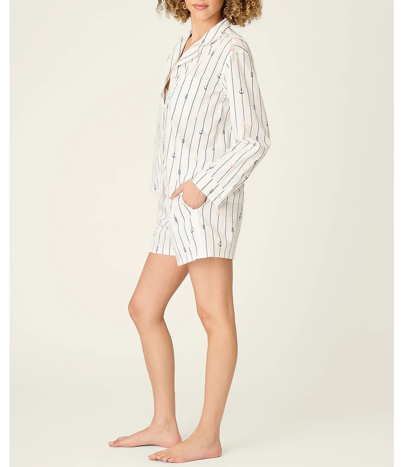 PJ Salvage Afterparty Long Sleeve Notch Collar Woven Poplin Anchor Print Shorty Pajama Set