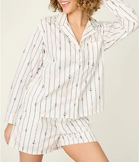 PJ Salvage Afterparty Long Sleeve Notch Collar Woven Poplin Anchor Print Shorty Pajama Set
