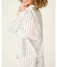 PJ Salvage Afterparty Long Sleeve Notch Collar Woven Poplin Anchor Print Shorty Pajama Set