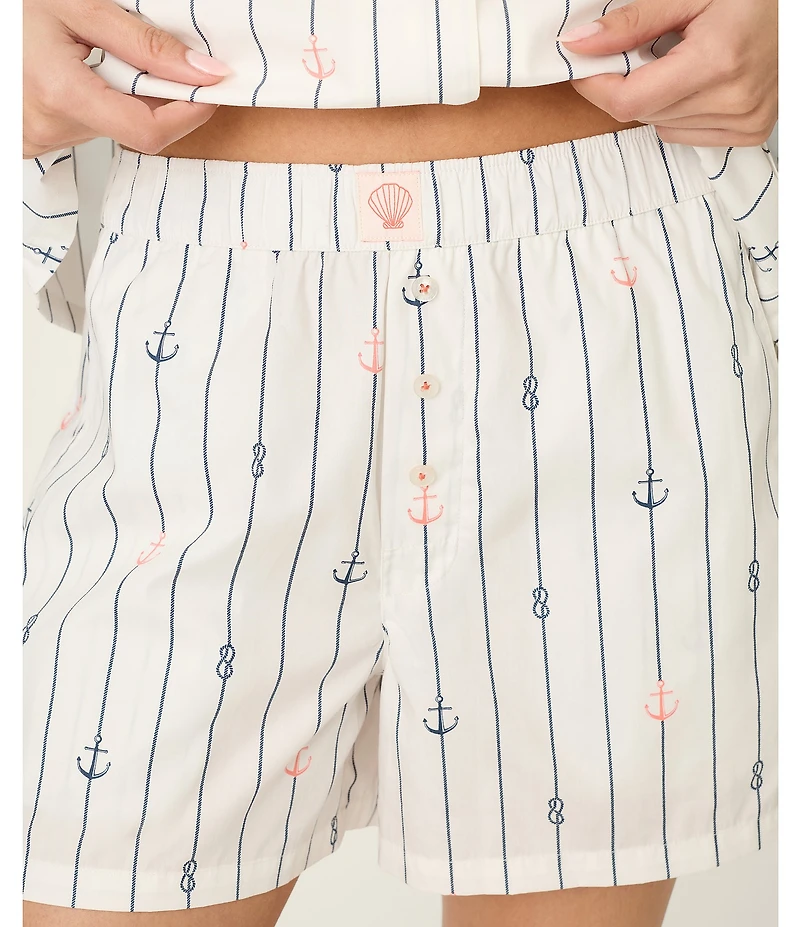 PJ Salvage Afterparty Long Sleeve Notch Collar Woven Poplin Anchor Print Shorty Pajama Set