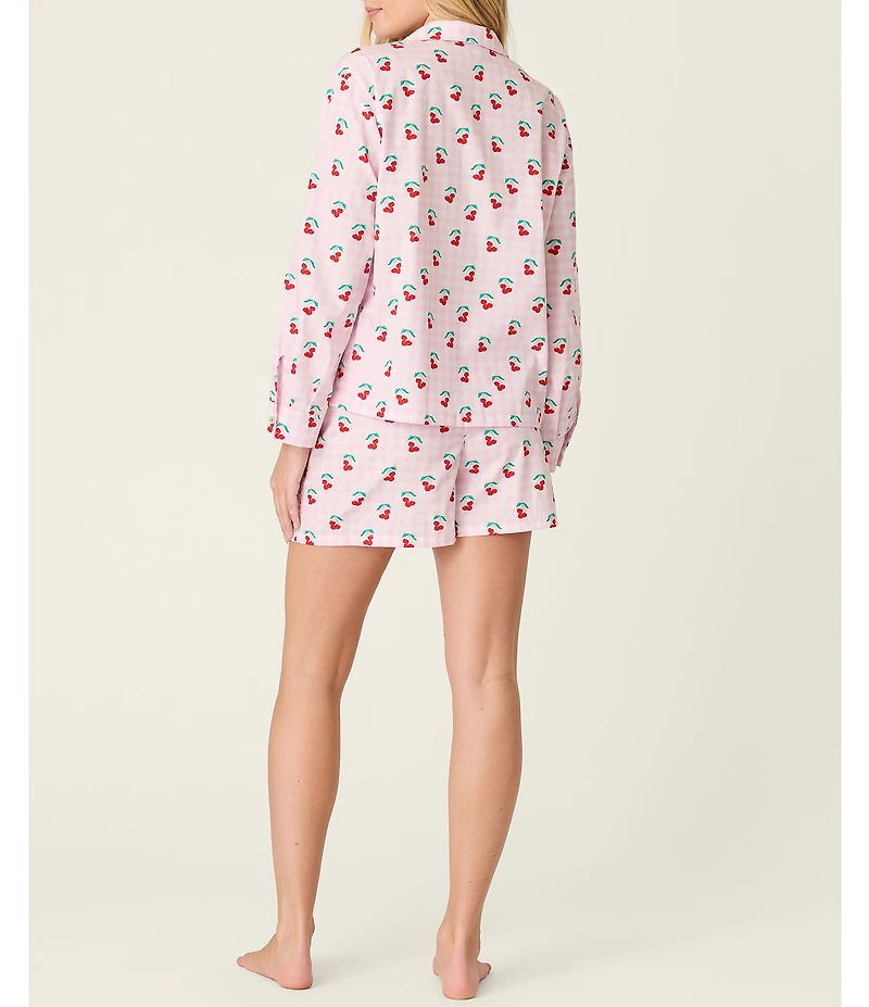 PJ Salvage Afterparty Long Sleeve Notch Collar Woven Poplin Cherry Gingham Print Shorty Pajama Set