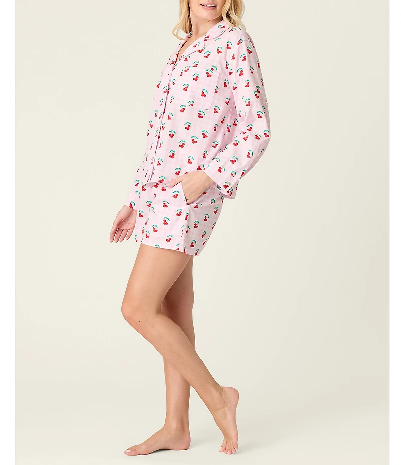 PJ Salvage Afterparty Long Sleeve Notch Collar Woven Poplin Cherry Gingham Print Shorty Pajama Set
