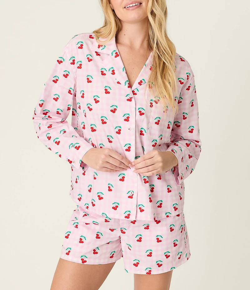 PJ Salvage Afterparty Long Sleeve Notch Collar Woven Poplin Cherry Gingham Print Shorty Pajama Set