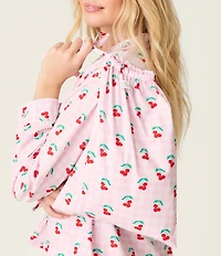 PJ Salvage Afterparty Long Sleeve Notch Collar Woven Poplin Cherry Gingham Print Shorty Pajama Set