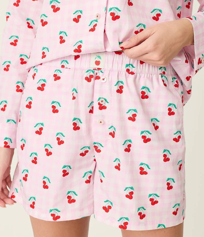 PJ Salvage Afterparty Long Sleeve Notch Collar Woven Poplin Cherry Gingham Print Shorty Pajama Set