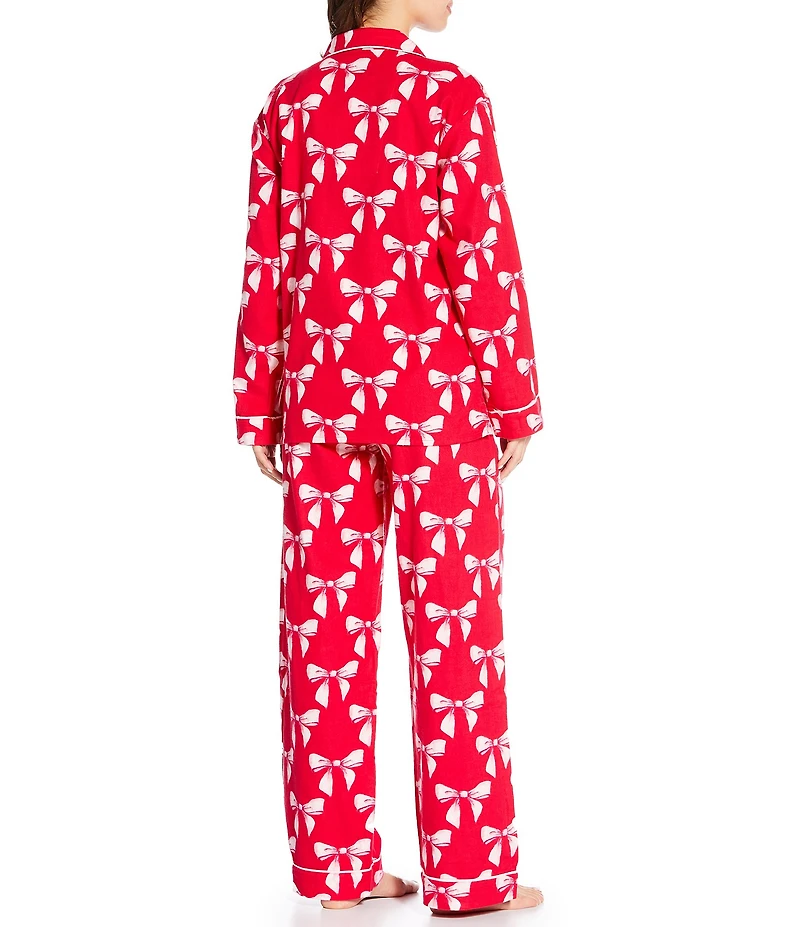 PJ Salvage Bow Print #double;Sleeping Beauty#double; Embroidered Long Sleeve Notch Collar Flannel Pajama & Headband Holiday Pajama Set