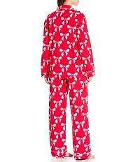 PJ Salvage Bow Print #double;Sleeping Beauty#double; Embroidered Long Sleeve Notch Collar Flannel Pajama & Headband Holiday Pajama Set