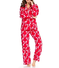 PJ Salvage Bow Print #double;Sleeping Beauty#double; Embroidered Long Sleeve Notch Collar Flannel Pajama & Headband Holiday Pajama Set