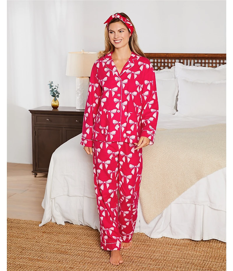 PJ Salvage Bow Print #double;Sleeping Beauty#double; Embroidered Long Sleeve Notch Collar Flannel Pajama & Headband Holiday Pajama Set