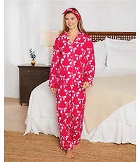 PJ Salvage Bow Print #double;Sleeping Beauty#double; Embroidered Long Sleeve Notch Collar Flannel Pajama & Headband Holiday Pajama Set