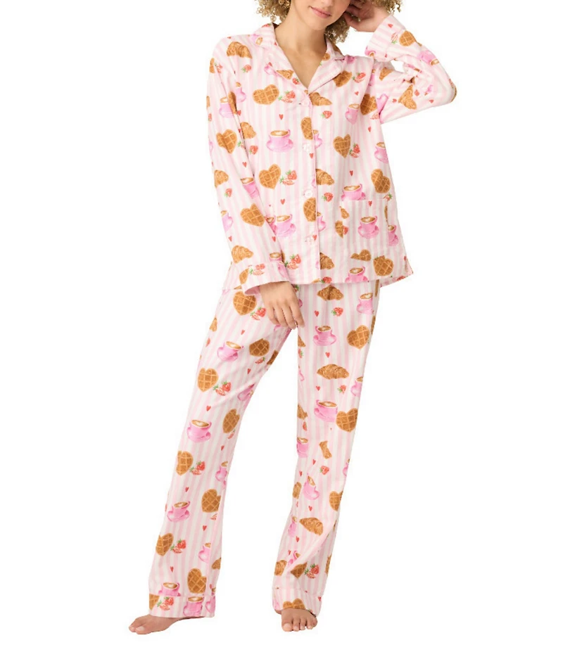 PJ Salvage Brunch Print #double;Brunch Club#double; Embroidered Long Sleeve Notch Collar Flannel Pajama & Headband Set