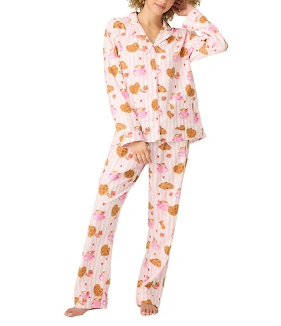PJ Salvage Brunch Print #double;Brunch Club#double; Embroidered Long Sleeve Notch Collar Flannel Pajama & Headband Set