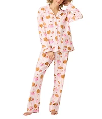 PJ Salvage Brunch Print #double;Brunch Club#double; Embroidered Long Sleeve Notch Collar Flannel Pajama & Headband Set