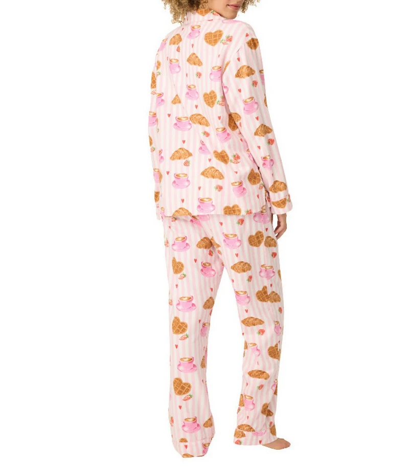 PJ Salvage Brunch Print #double;Brunch Club#double; Embroidered Long Sleeve Notch Collar Flannel Pajama & Headband Set