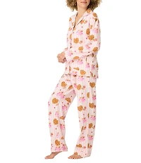 PJ Salvage Brunch Print #double;Brunch Club#double; Embroidered Long Sleeve Notch Collar Flannel Pajama & Headband Set