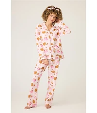 PJ Salvage Brunch Print #double;Brunch Club#double; Embroidered Long Sleeve Notch Collar Flannel Pajama & Headband Set