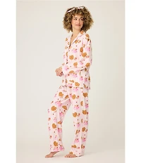 PJ Salvage Brunch Print #double;Brunch Club#double; Embroidered Long Sleeve Notch Collar Flannel Pajama & Headband Set